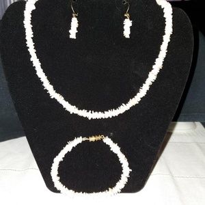 Pink shell necklace, bracelet and earrings